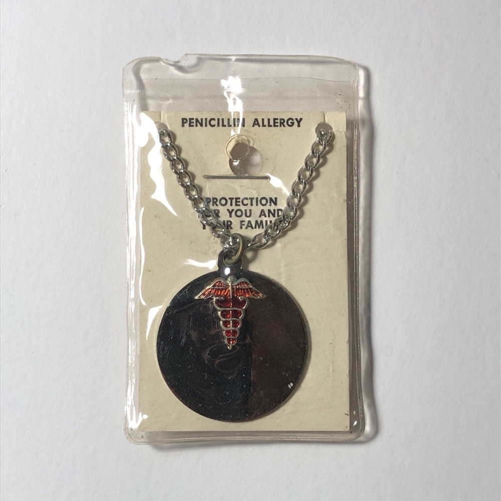 Vintage 1970s Penicillin Allergy Medical Alert Necklace - Caduceus Emblem